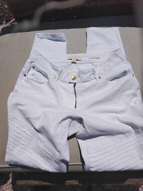 Nicki Minaj White Skinny Mid-Rise  Moto Pants with Gold Hardware